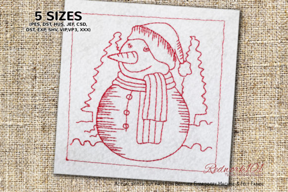 Snowman with Scarf and Hat Redwork